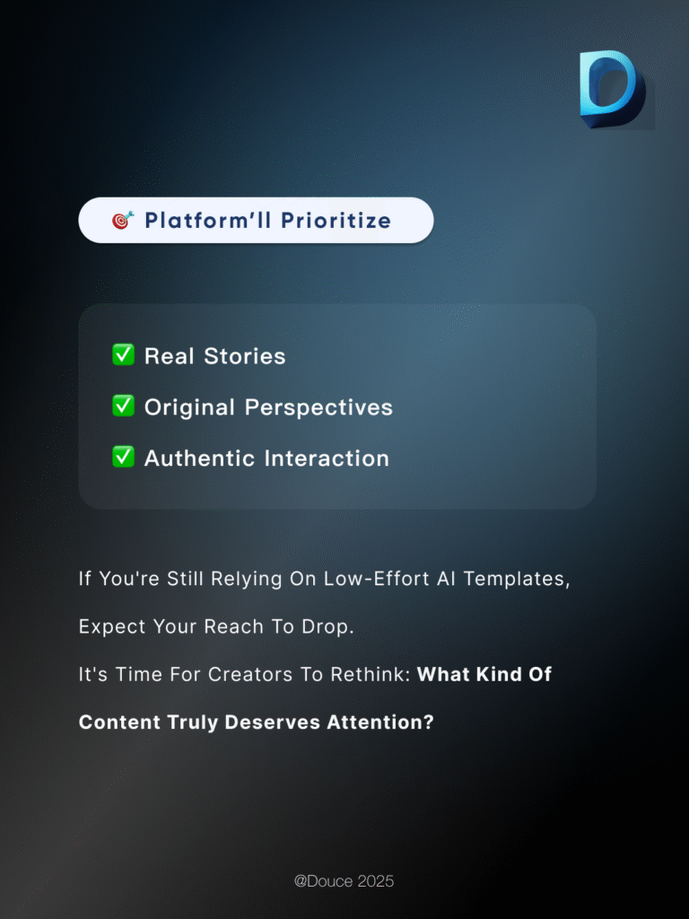 Overview of what social media platforms now prioritize: original stories and real interaction. | Anti-AI | Douce