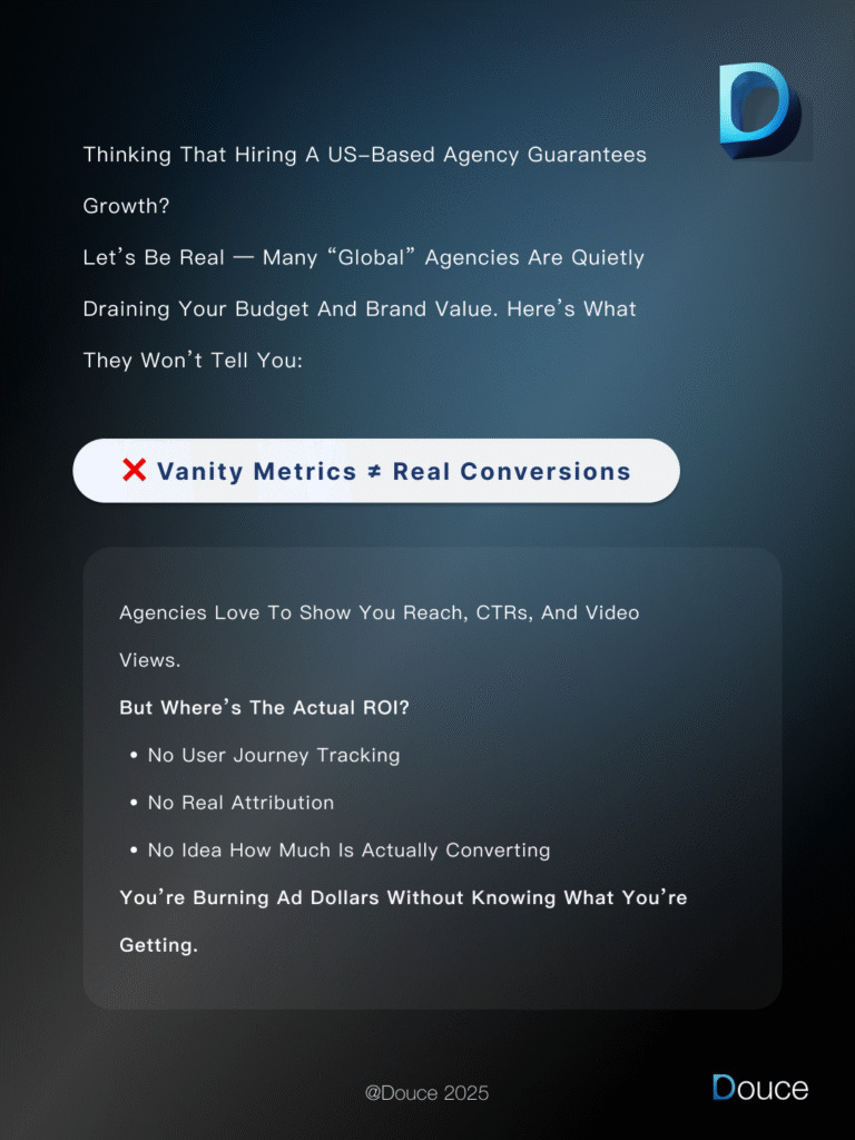 List of red flags: fake KPI numbers, AI-generated content, lack of localization; illustrated with icons and minimal text. | Douce